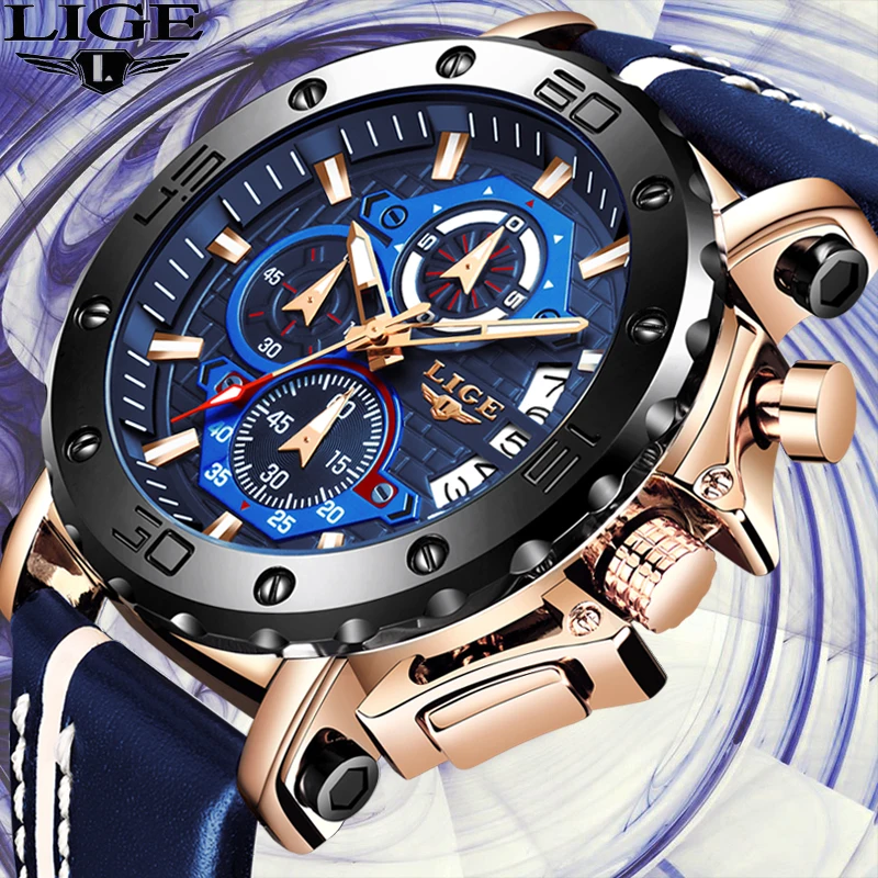 Часы LIGE Мужские кварцевые с большим циферблатом брендовые Роскошные спортивные
