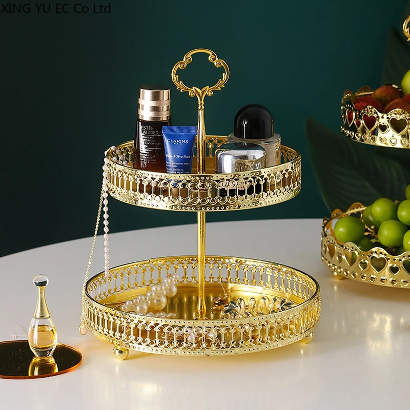 

Роскошный двухслойный поднос в скандинавском стисветильник для фруктов, креативный металлический поднос для конфет, стеллаж для хранения, ...