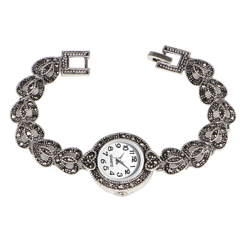 

QINGXIYA 2021 New Bright Black Crystal Vintage Bracelet Watch Luxury Quartz Watch Women Fashion Antique Silver Women's Watches
