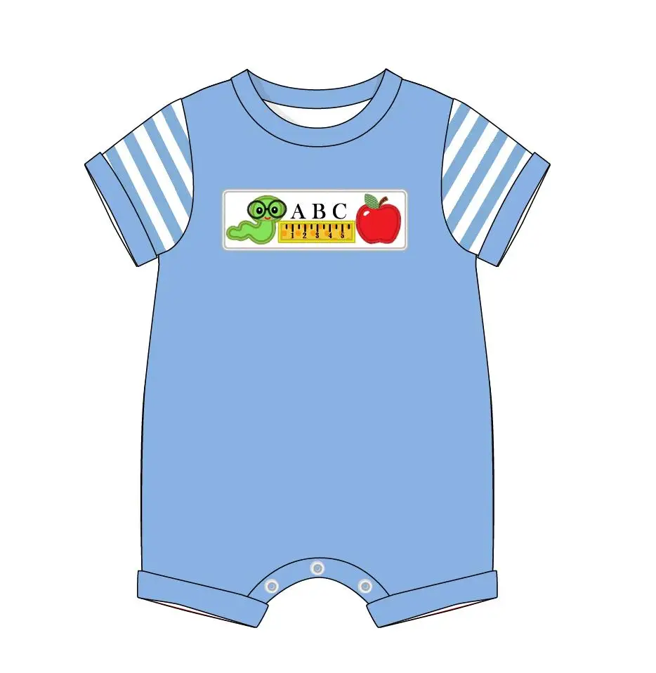 

Fashion Boutique Boys Summer Blue Short-Sleeve Romper Back To School Season Bugs Eat Apple Embroidery Baby Outfit Clothes