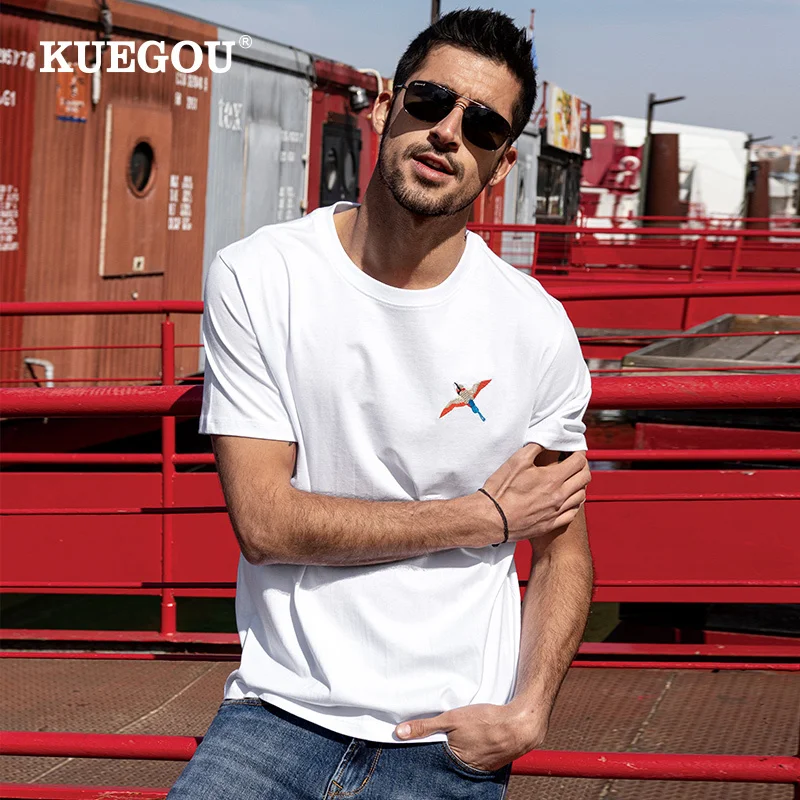 

KUEGOU 2022 летняя 100% хлопковая белая футболка с вышивкой Мужская футболка брендовая футболка с коротким рукавом модная одежда 90032