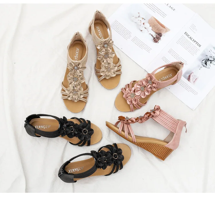 

Flower Women Wedge Shoes Casual Gothic Sandals Heel Girl Shoes Slides Adjustable Ankle Strap