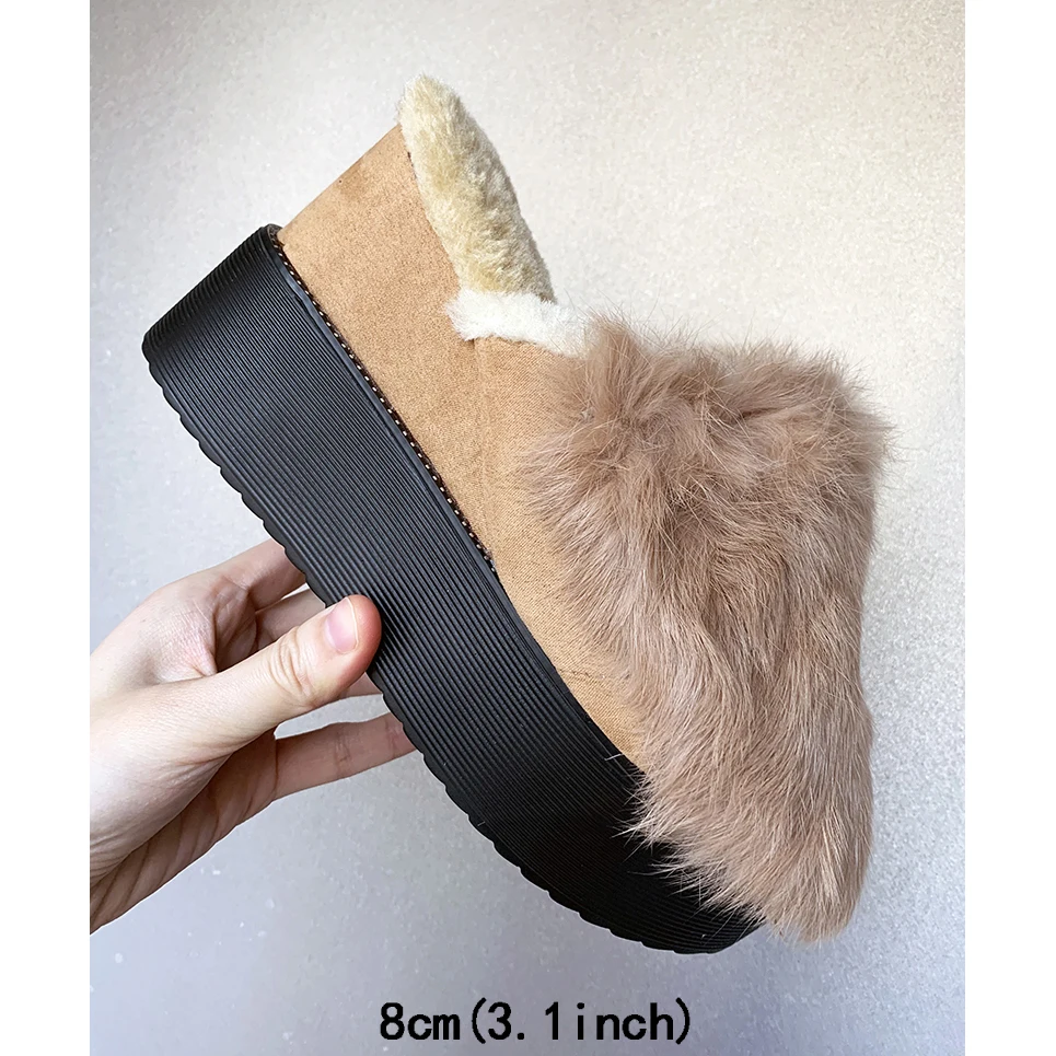 camel 8cm Модная обувь; коллекция года; женские Фетиш меховые шлепанцы; шлепанцы на платформе; обувь на платформе с натуральным мехом для стриптиза; 5; обувь на танкетке с розовым кроликом; сезон зима - Цвет: camel 8cm