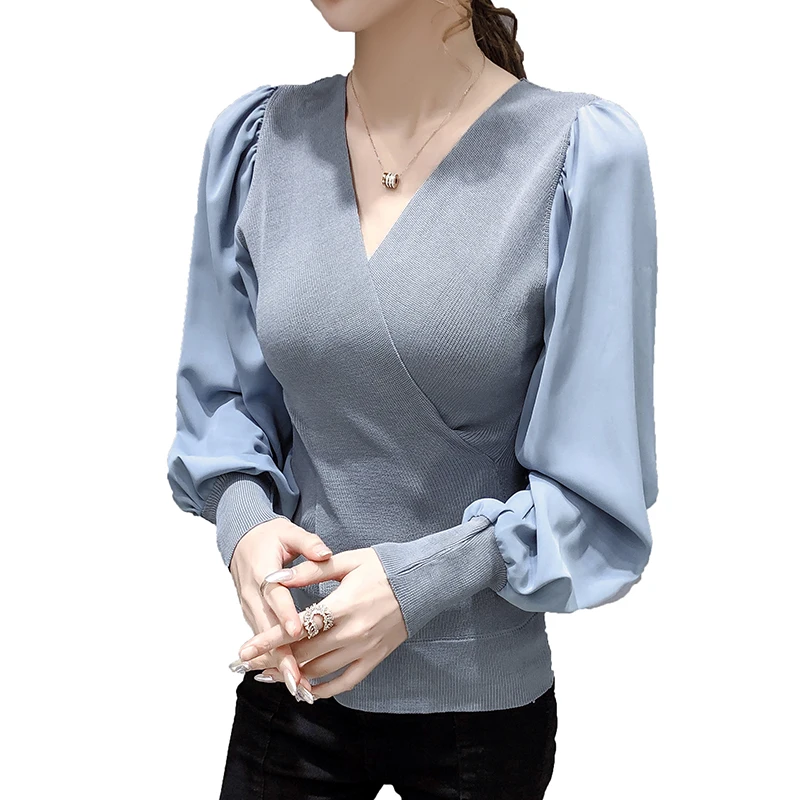 

women's plain v-neck chiffon jumper with buttoned sleeves for auto o and winter
