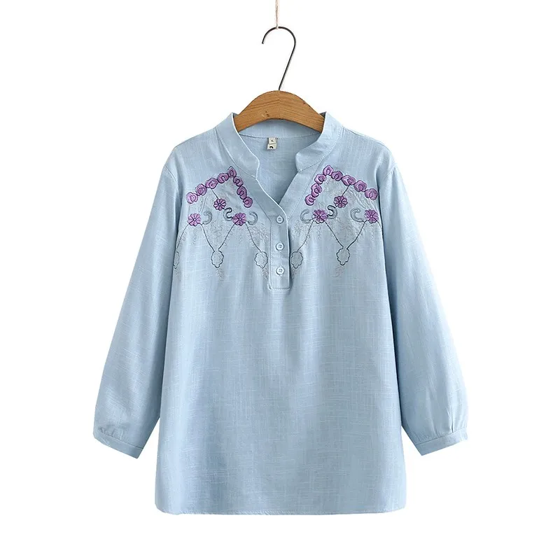 

2021 New Spring Soft Linen Shirt Women V Neck 3/4 Sleeve Blouse Floral Embroidery Tops Femme Robe Blusas Chemise Mujer Plus Size