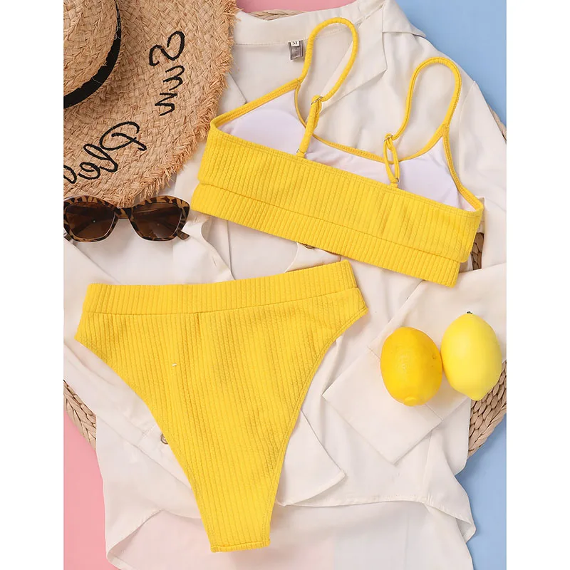 

Fashion High Waist Bikinis Swimwear Women Push Up Swimsuits Ribbed Bathing Suits High Cut Sexy Biquini 2021 Summer Beachwear