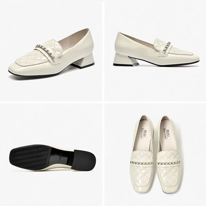 

BeauToday Loafers Women Patent Leather Diamond Pattern Chain Detail Slip-On Block Heel Outdoor Daily Ladies Shoes Handmade 15738