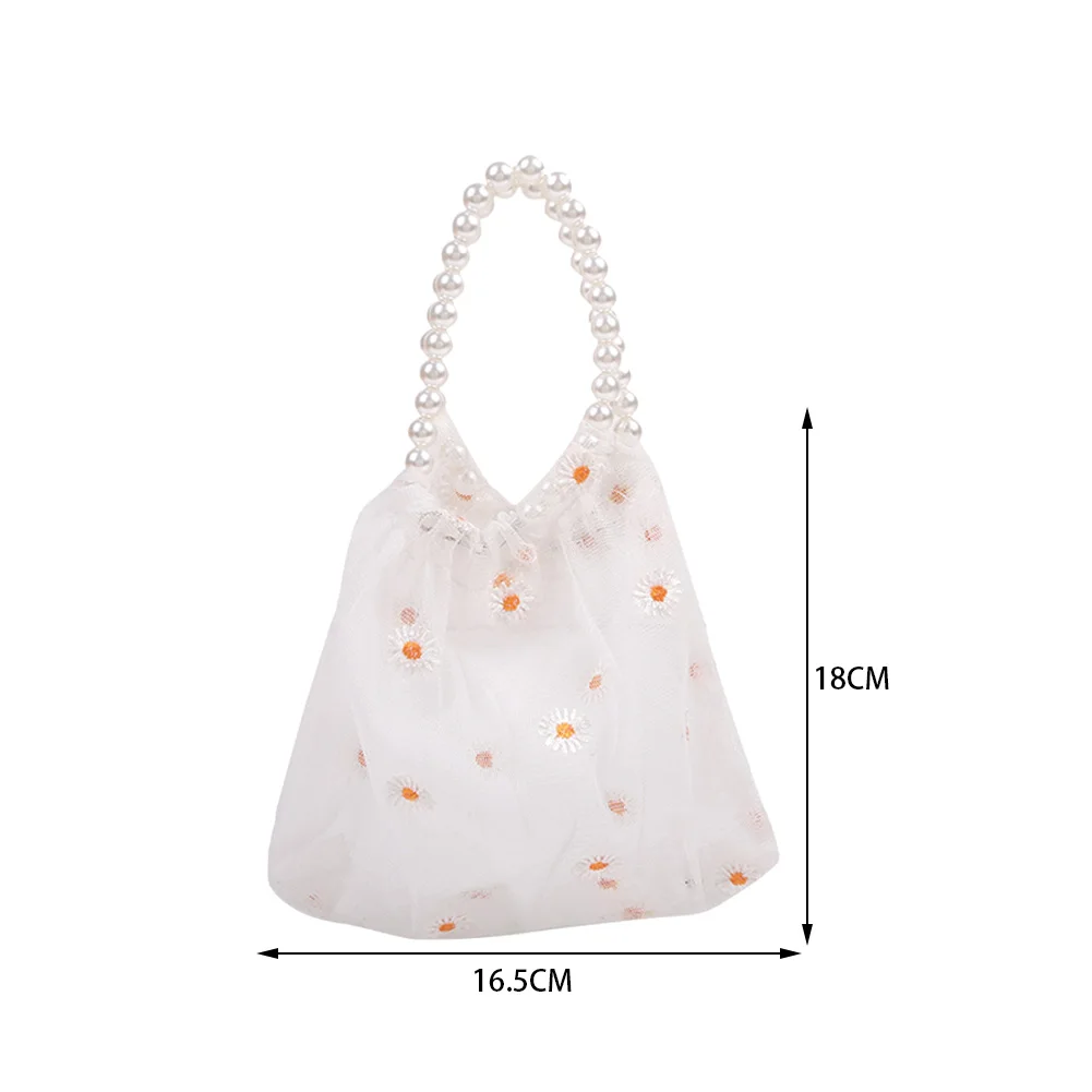 

Women Small Transparent Tote Mesh Cloth Bag Daisy Embroidery Handbag Cute Flower Tulle Party Top-handle Bag Pearl Chain Mini Bag