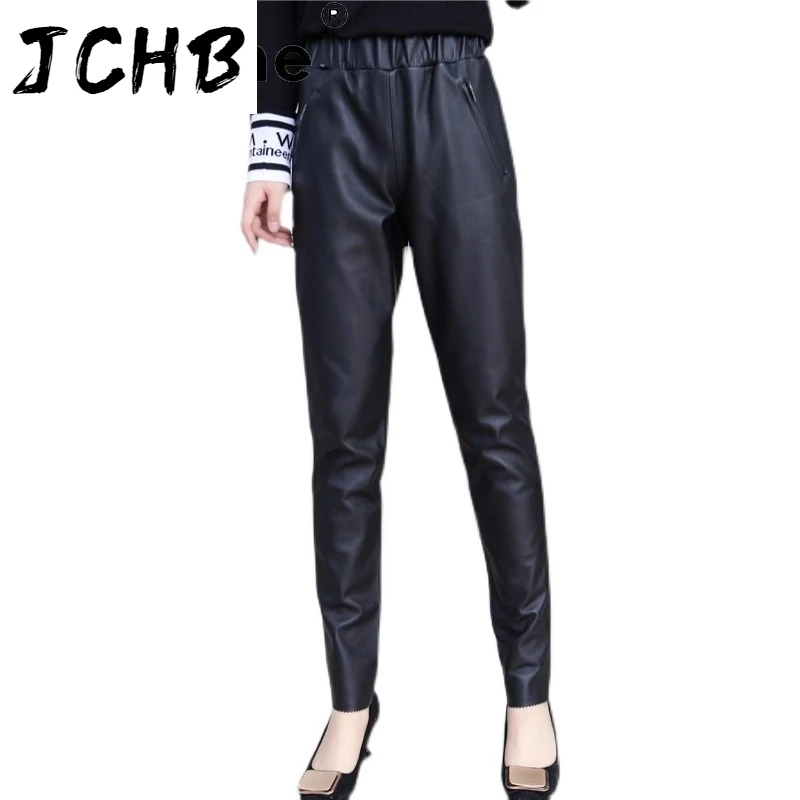

SHZQJCHB Woman Pants Real Cowhide High Waist Trousers Women Cloth Genuine Leather Pencil Pants Fashion Pantalon Femme TN2430