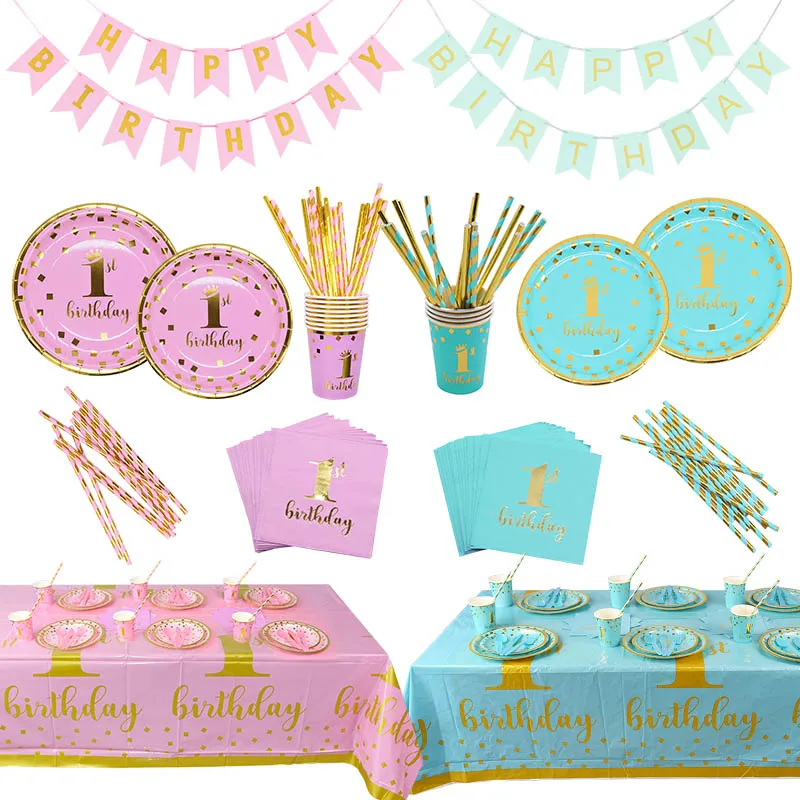 

Pink Blue Disposable Tableware 1st Birthday Party Decor Kids Happy Birthday Banner One Year First Birthday Boy Baby Shower Decor