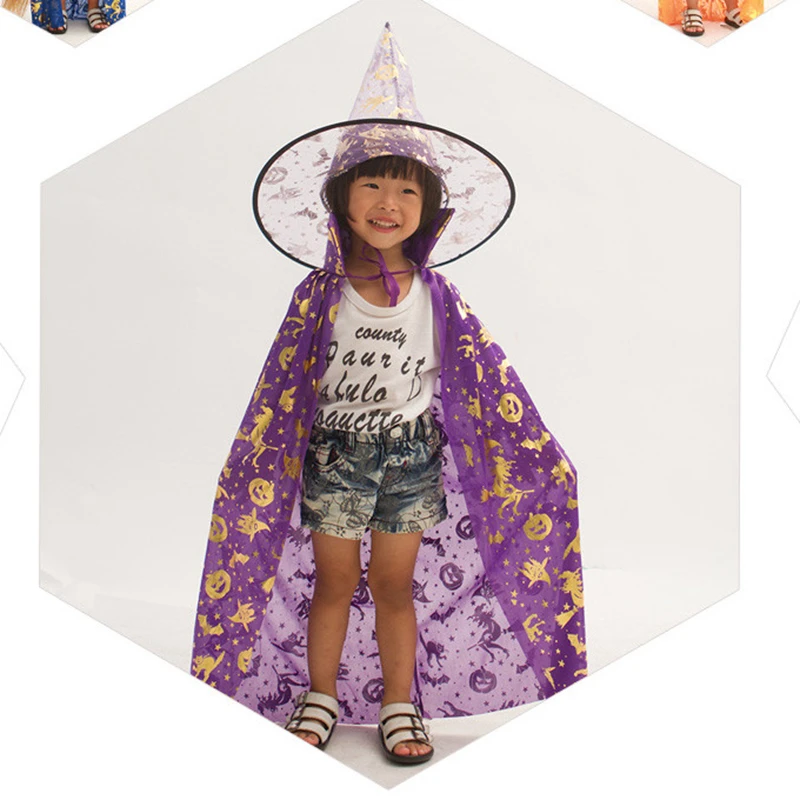 

Boy Girl Kids Children Halloween Costums Witch Wizard Cloak Gown Robe and Hat Cap Stars Fancy Cosplay For Boys Girls YYY8100