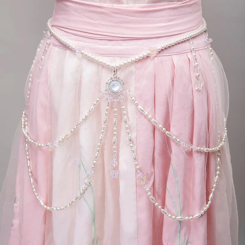 Fashion Elegant Beaded Hook 1Pcs Pearl Decorative Metal Belt Women Belt Thin Waistband Waist Chain Dress Decorative Waist Belt