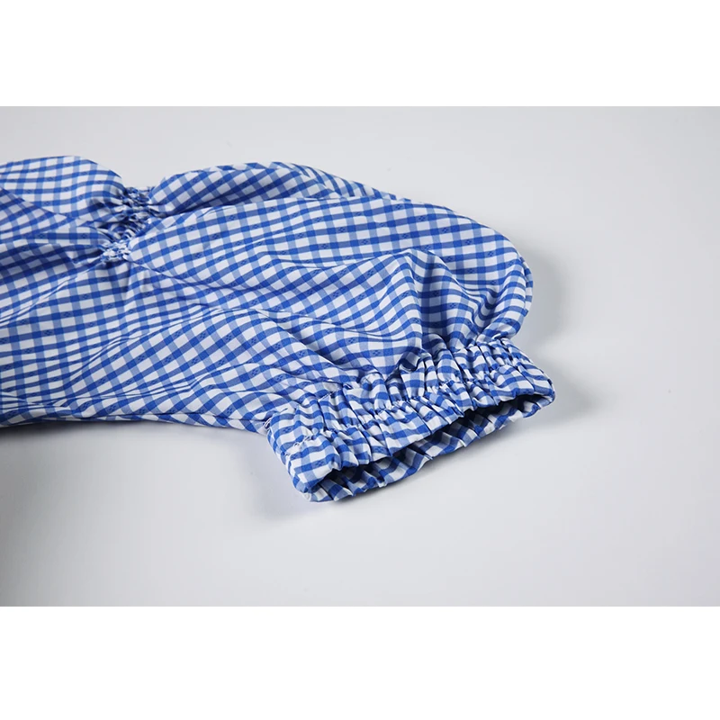

Qeils Women Spring Puff Long Sleeve Crop Shirt Dress Blue Plaid Stand Collar Back Lace Up Midi Vestidos Female Chic Blouse Dress