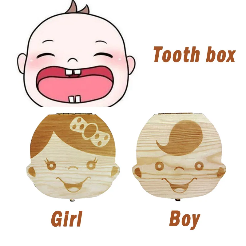 Wooden Baby Kids Tooth Storage Box English/Spanish/French/Russian/Italian Teeth Umbilical Lanugo Organizer Gift Keepsakes Save | Мать и