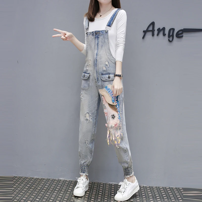 Женские винтажные джинсовые комбинезоны комбинезон с блестками и бисером весна
