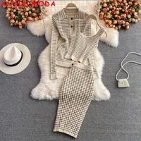 alphalmoda 2021 autumn new turn down collar single breasted knitted long sleeved cardigan vest pencil skirt women 3pcs suit