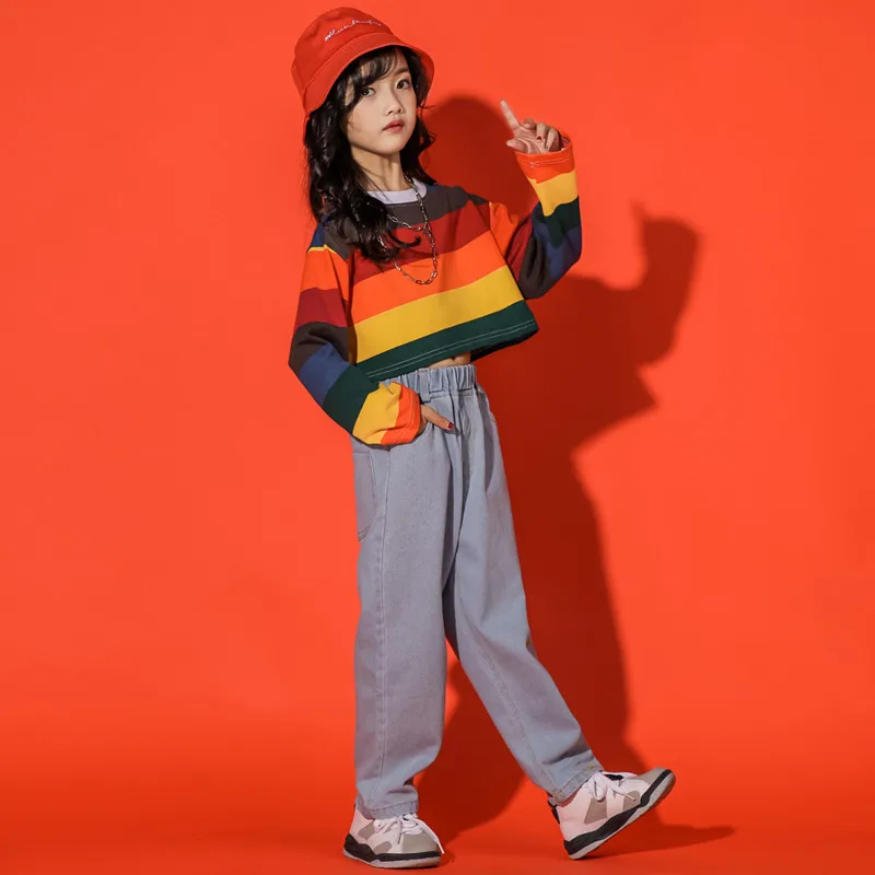 

Street Dance Set Children Female Spring Jazz Dance Hip Hop Korean Version Boy'S Crop Plaid Shirt Jeans Performance Clothing