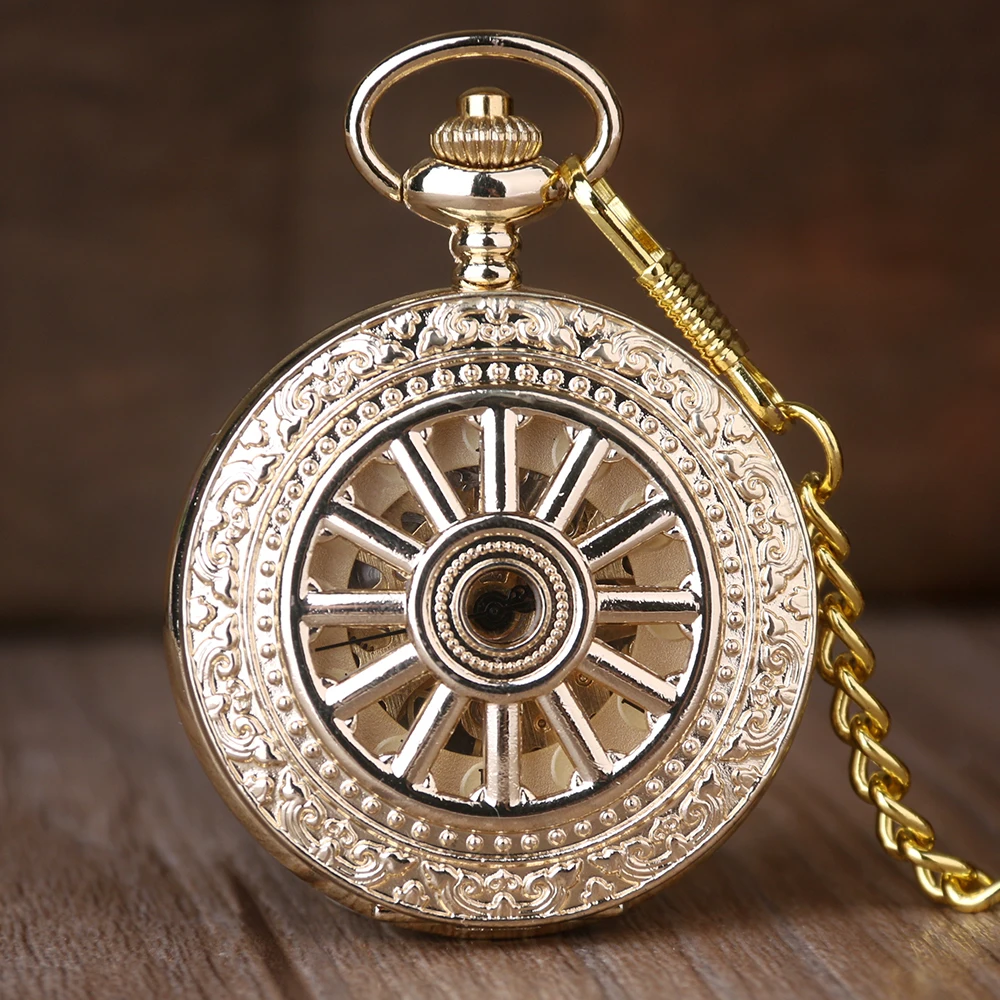 Luxury Gold Disc Hollow Out Steampunk Mechanical Pocket Watch Fashion Gentleman Necklace Pendant Accessory Gift Clock