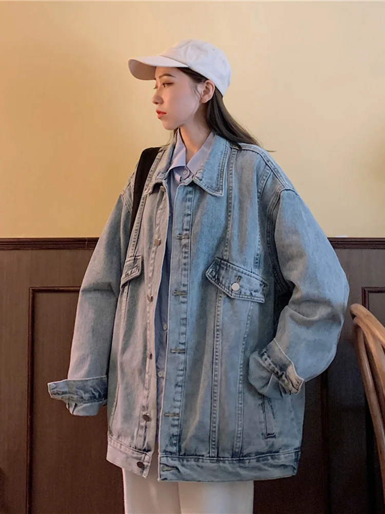 Женская джинсовая куртка свободная универсальная с длинным рукавом в Корейском