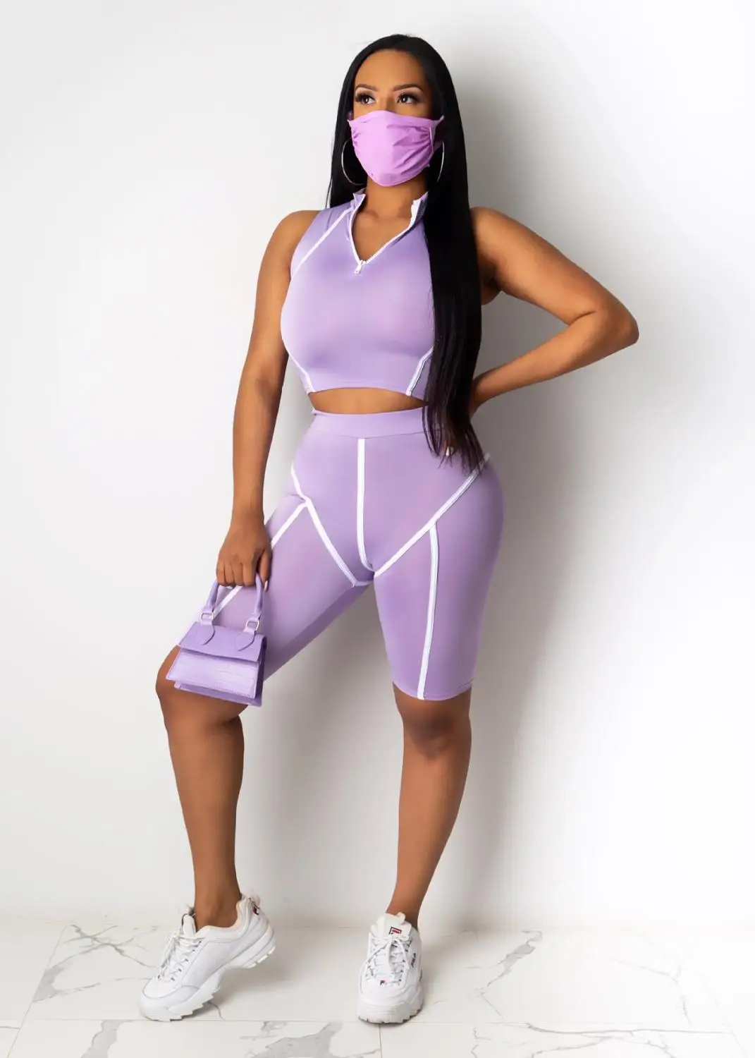 

Sport women's two-piece solid v-neck crop top + shorts sport suit two-piece 2020 summer casual suit