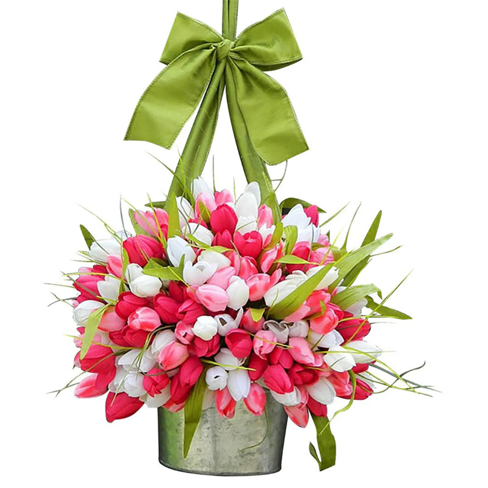 

Plastic Tulip Bucket Wreath with 24 Buds Hanging Decorative Bouquet Garland Door Decoration for Wall Window Wedding 22cm GHS99