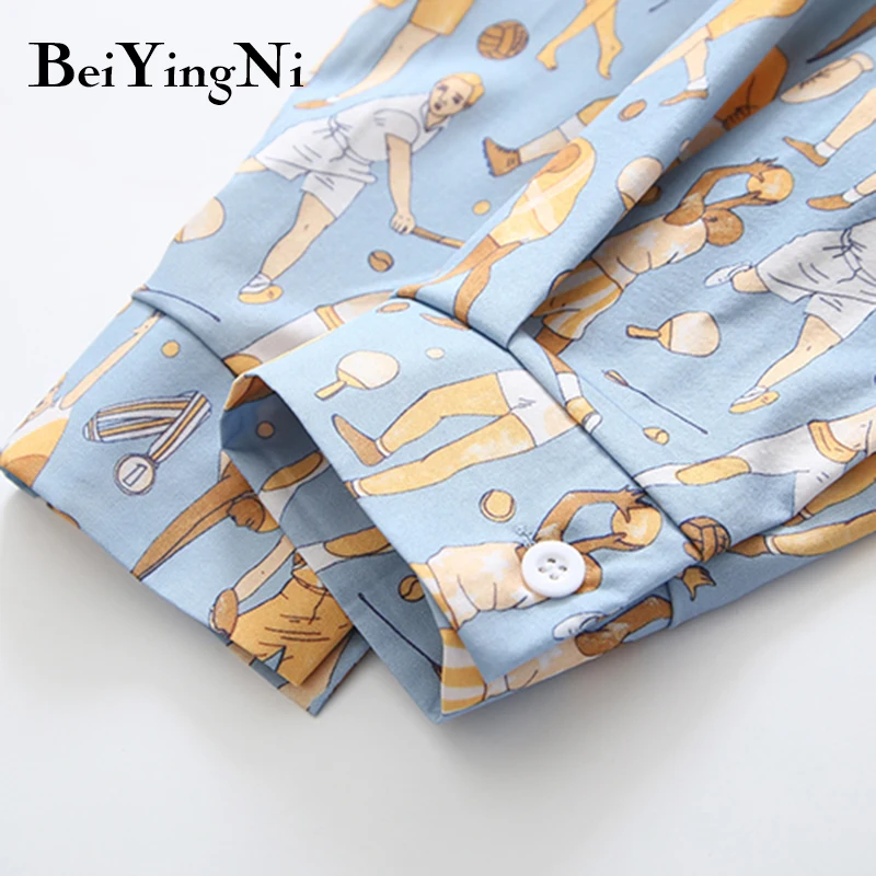 

Beiyingni Cartoon Graphics Long Sleeve Casual Harajuku Shirts Women Single-breasted Slim Chic Fashion Streetwear Blusas Female