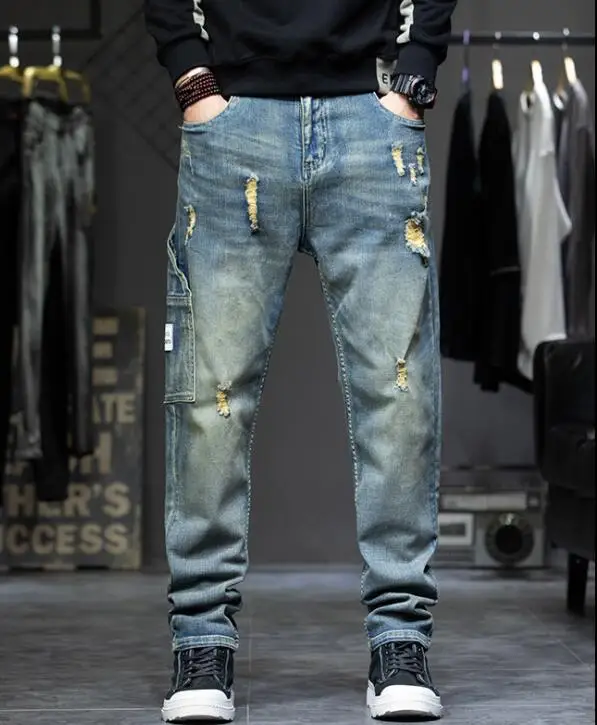 Retro Ripped Jeans Men Loose Feet Harem Pants Streetwear High Street Jeans