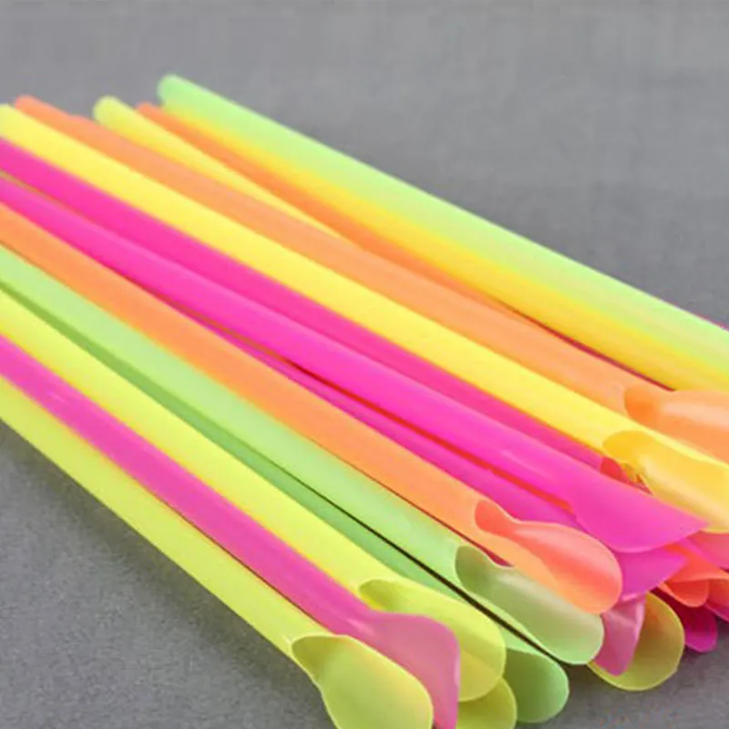 

1Bag Plastic Drinking Straw Colorful Disposable Straw With Spoon 50pcs Reusable Straw Portable Drinking Straw Accessories