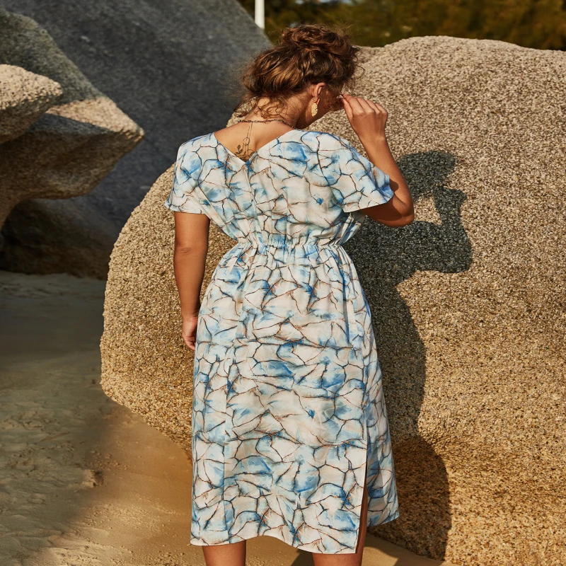 

Women Sexy V-neck Dress Summer Print Short-sleeved Girdling Waist Dresses