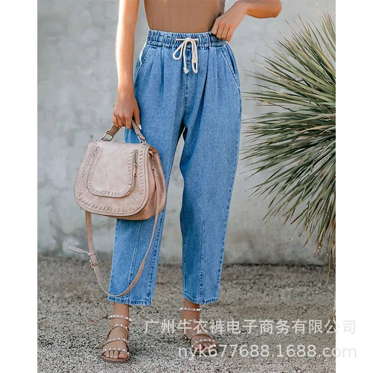 

WEPBEL Jeans Women's Casual Solid Color Pocket Loose Jeans Summer Fashion Lace-up High Waist Denim Straight-Leg Pants