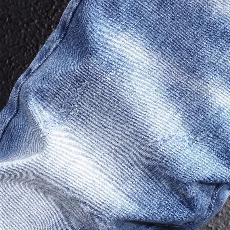 Newly Vintage Fashion Men Jeans Retro Light Blue Elastic Slim Fit Ripped Jeans Men Embroidery Designer Casual Plain Denim Pants