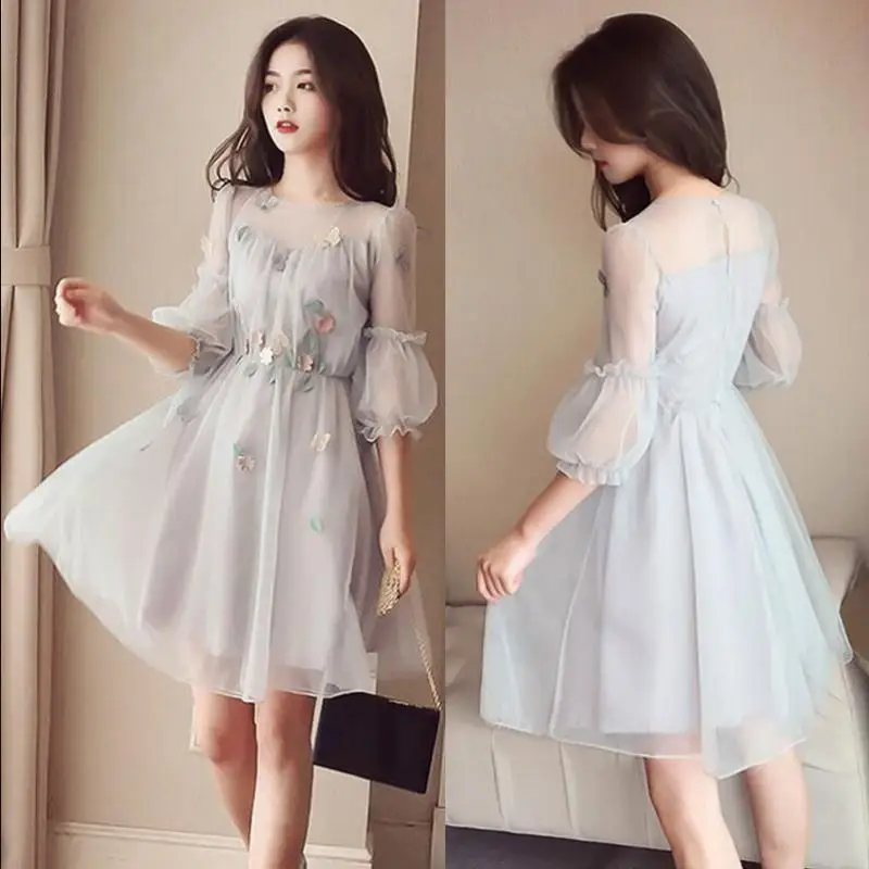 

NewChiffon Dress O Neck Korean Style Princess Dress 3/4 Lantern Sleeves Slim Hollow Dresses Female Summer