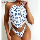 2021 сексуальный комплект бикини с лямкой через шею и принтом бабочки, купальник, женский купальник из двух частей, Летний Бикини с открытыми плечами, купальный костюм