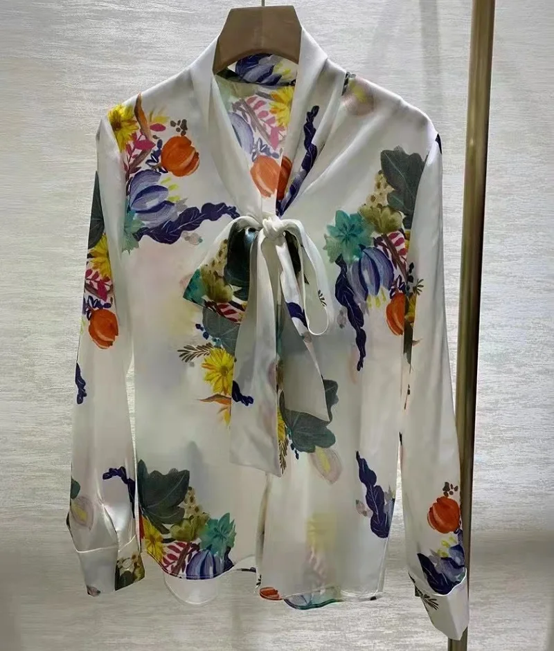 

Женская шелковая блузка с бантом на воротнике, элегантная рубашка с длинным рукавом и разноцветным цветочным принтом, весна-лето 2022