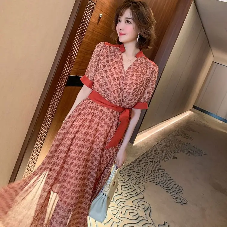 

Women 2021 Summer Fashion Retro Print V-neck Dresses Female Long Thin Loose Vestidos Ladies Bow A-Line Chiffon Dress L41