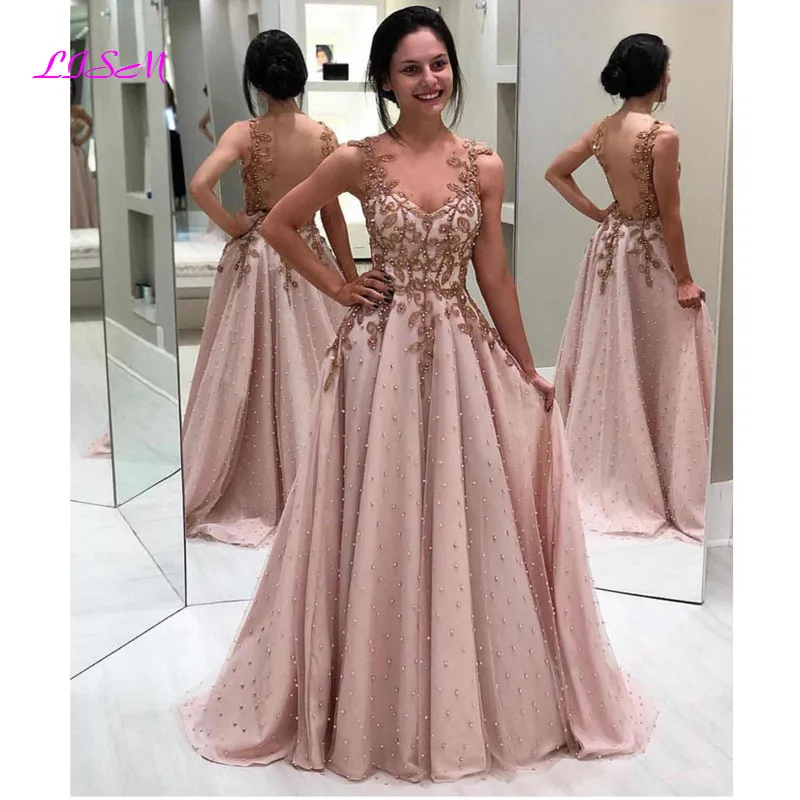 

Robe De Soiree Sexy Beaded Evening Dress Elegant Lace Appliques Long Evening Gowns Illusion Backless A Line Formal Party Dress