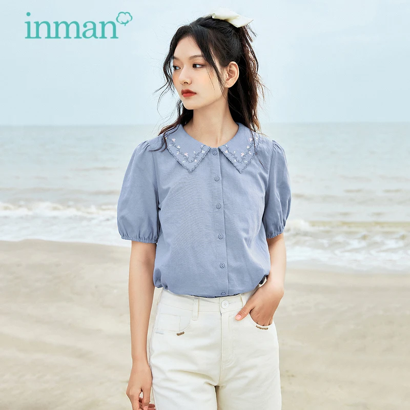 INMAN Sweet Art Blue Or White Blouse Women Flower Vine Embroidery Collar Shirt Rubber Puff Sleeve Cut Summer Elegant Lady Tops