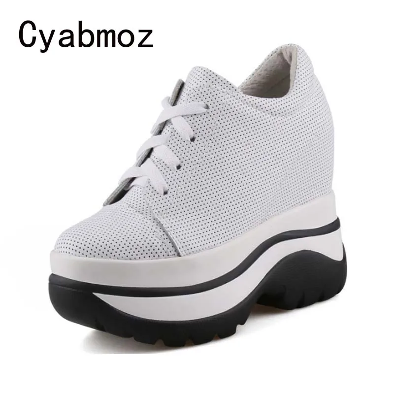 

11CM Women Genuine Leather Sneakers Breathable Invisible Increase Femme Comfortable High Platform Casual Shoes