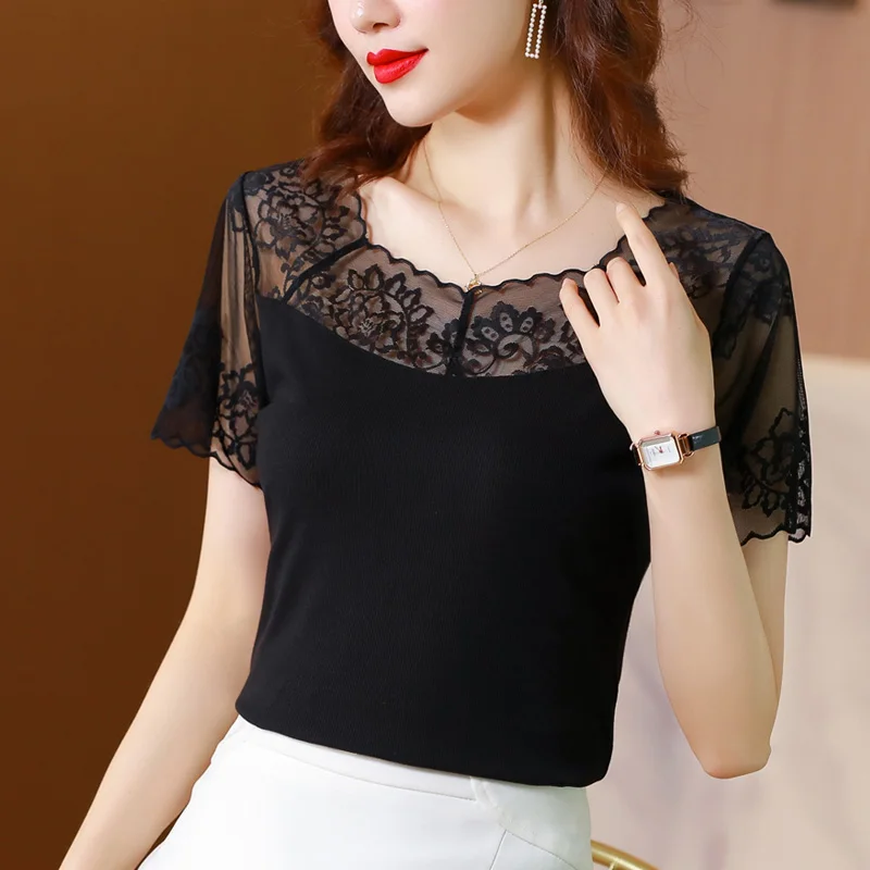 

Женская кружевная блузка с коротким рукавом, черная винтажная блузка составного кроя с V-образным вырезом, модель на лето, 2021