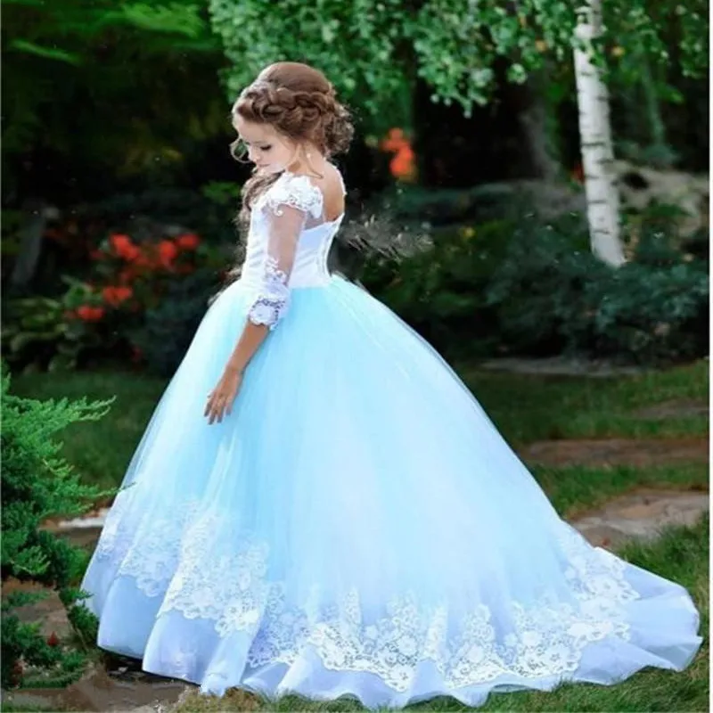 

Lovely Sky Blue White Lace Formal Party Dresses For Wedding Guest High Jewel Corsst Back Flower Girl Dress With Sleeves