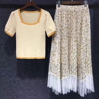 high quality sweater sets 2021 autumn women square collar knitted pulloverslace patchwork long pleated skirt sets casual 2pc