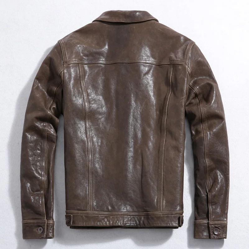 

2021 Vintage Brown American Casual Style Genuine Leather Jacket Men Plus Size 4XL Real Natural Sheepskin Slim Fit Autumn Coat