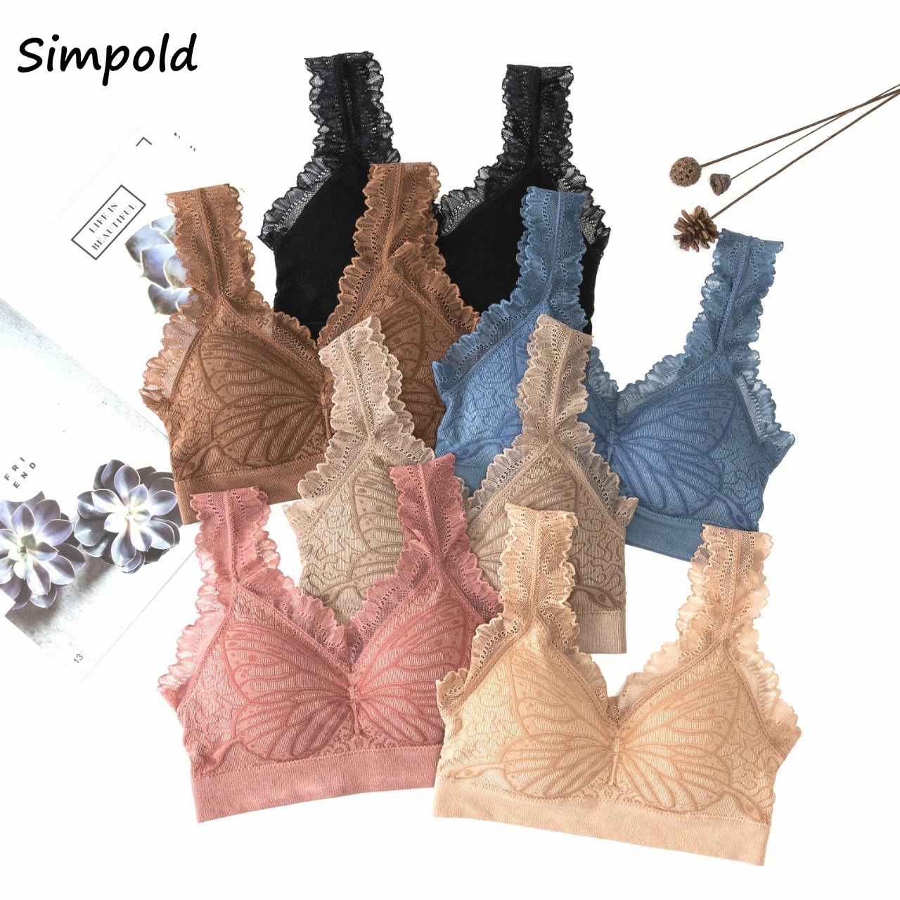 

Simpold Butterfly Bra For Women Embroidered Elegant Underwear Lace Lingerie Push Up Bra Bustier Female Bralette Vest Top