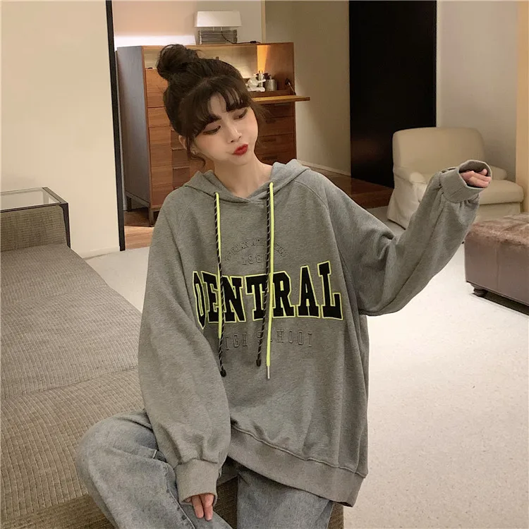 

3809 2021 осенние корейские свободные повседневные свитшоты с капюшоном и надписью