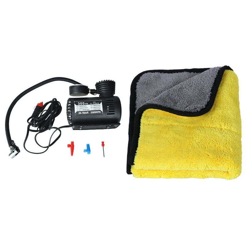 

12V Car Auto Pump Air Compressor Tire Inflator 300Ps With Coral Velvet Car Cleaning Cloth Buffing Wax Polish Towels