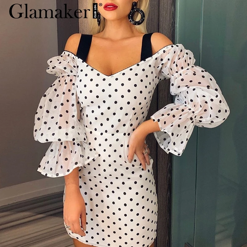 Glamaker сексуальное короткое платье в горошек с оборками и открытыми плечами