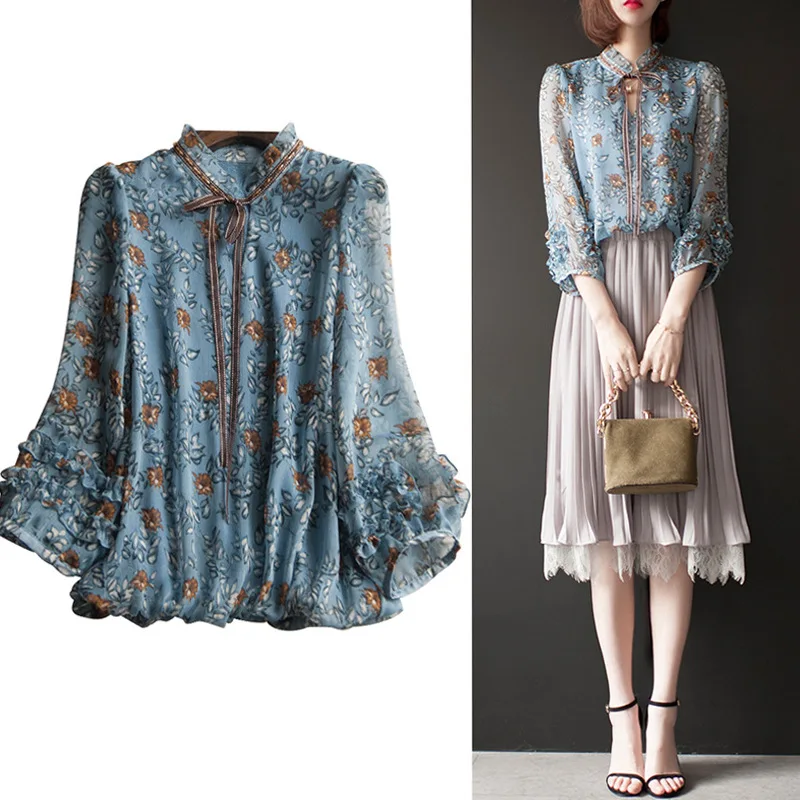 

Floral Blouse Women 3/4 sleeve Elegant blouses femme Stand Collar Ribbon blusas y camisas Summer Blue Yellow camisas de mujer