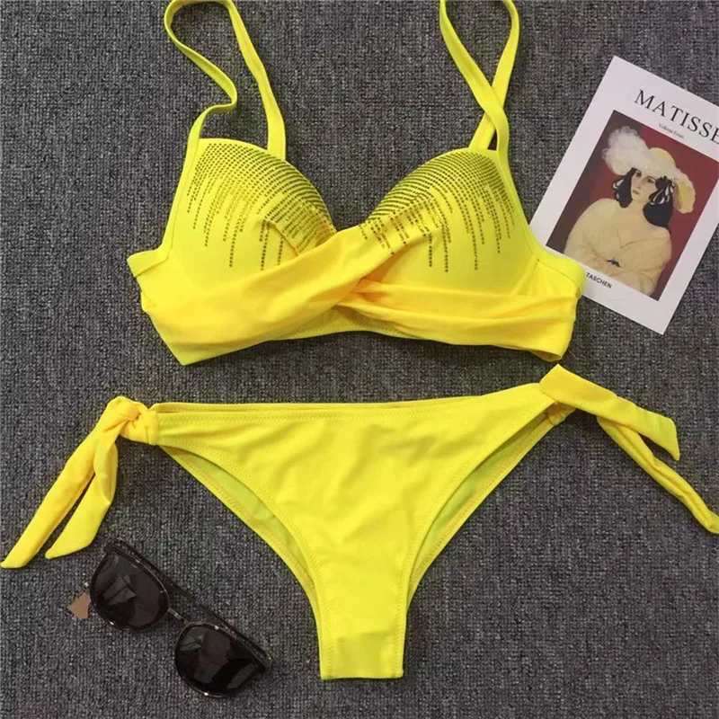 

hirigin Women Criss-cross Diamond Bikini Set Beachwear 2020 New V-neck Push Up Padded Lace-up Thong Monokini Swimsuit Bikini Set