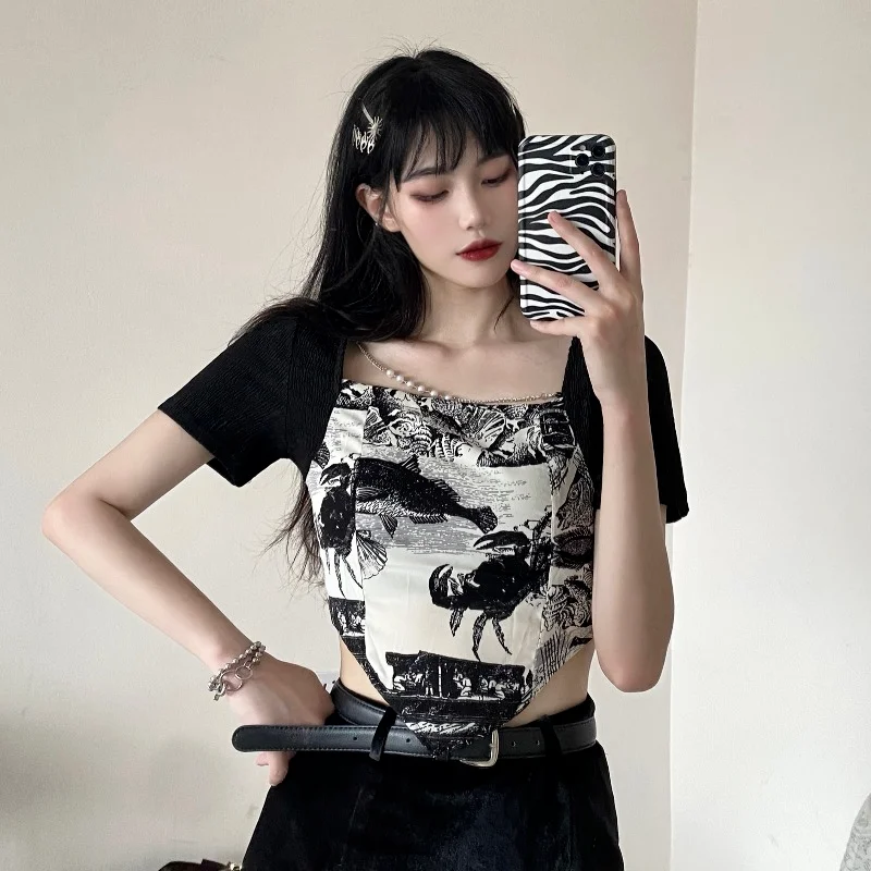 

Harajpoo Women T Shirts Design Sense Summer New Retro Stitching Half Sleeve Self Cultivation Wild Umbilical Short Tops Ins Tide