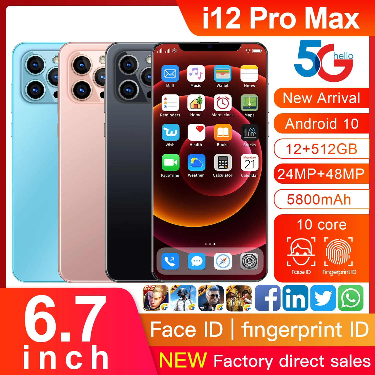 

i12 Pro Max Smartphone 6.7Inch 5800mAh 12+512GB 24+48MP Dual SIM Dual Standby Support Face Global Version 5G Android10 CellPhone